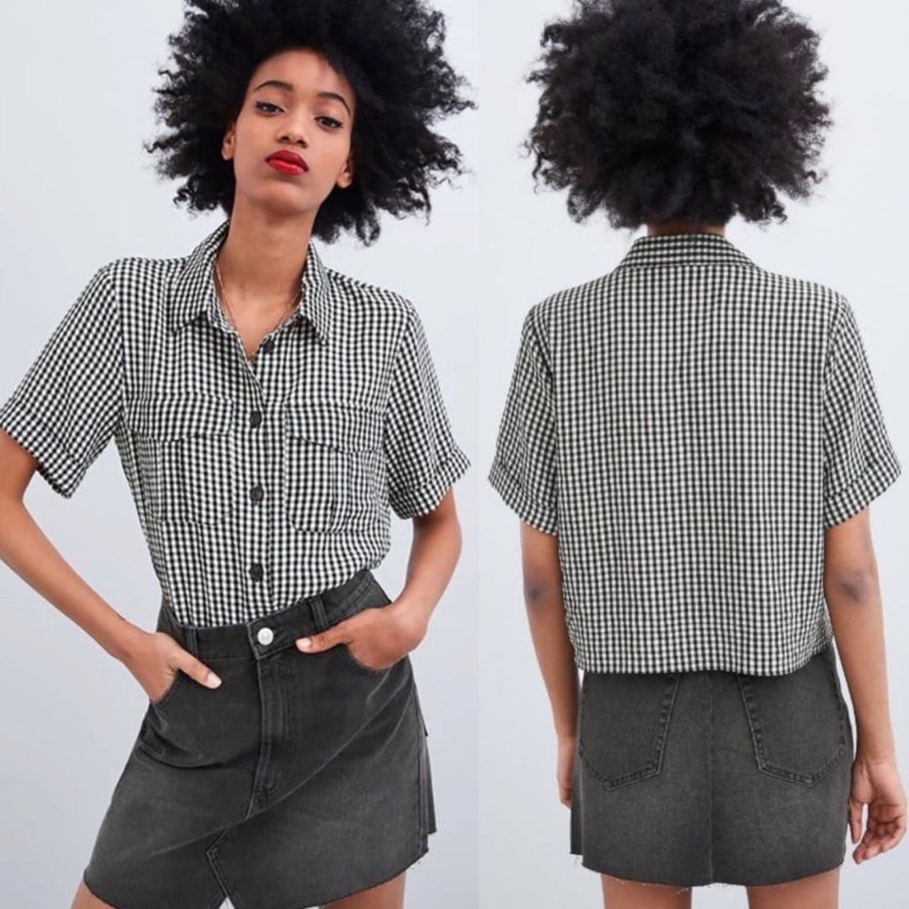 Zara Gingham Seersucker Button Down Short Sleeve Shirt